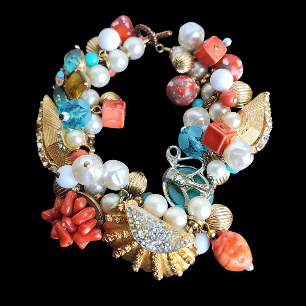 Vintage BSK Charm Bracelet Gold Tone Shell Rhinestone Faux Pearl Colorful Bead